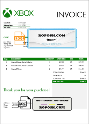 USA Xbox invoice template in Word and PDF format, fully editable