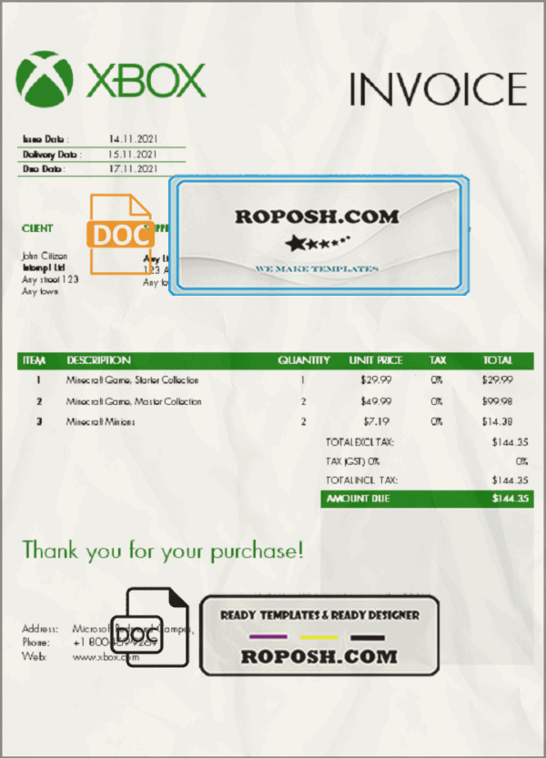 USA Xbox invoice template in Word and PDF format, fully editable