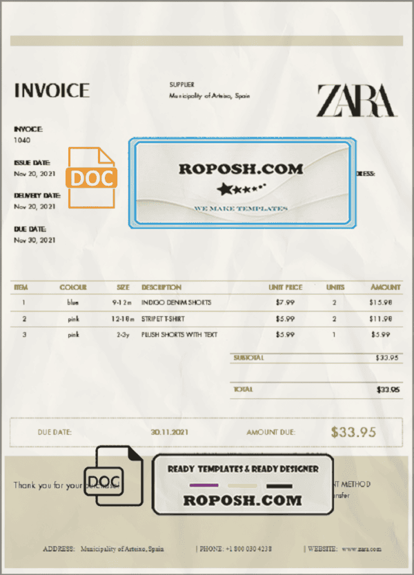 USA ZARA invoice template in Word and PDF (.doc and .pdf) format