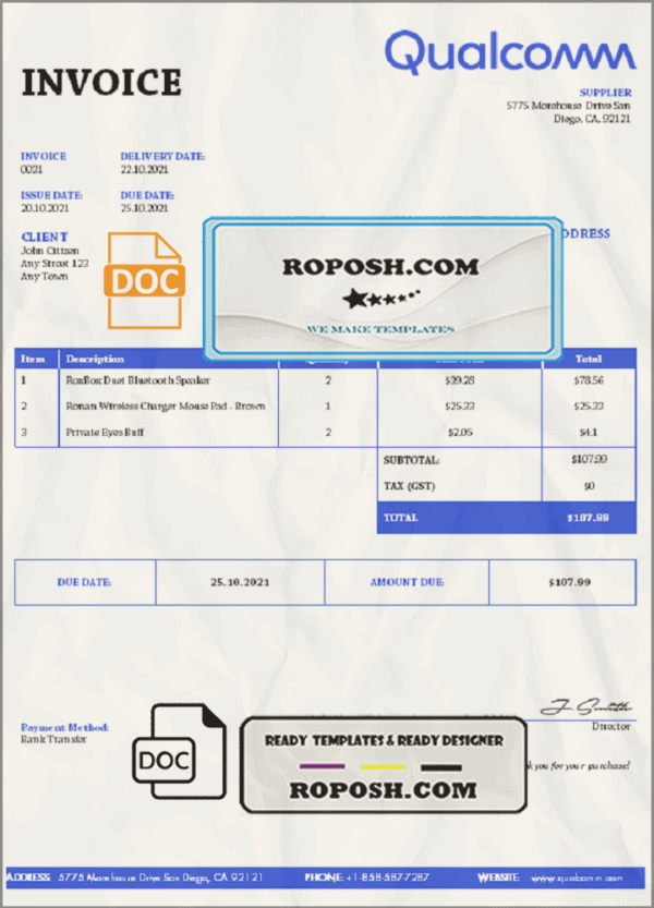 USA Qualcomm invoice template in Word and PDF (.doc and .pdf) format