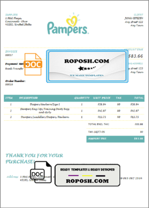 USA Pampers invoice template in Word and PDF format, fully editable