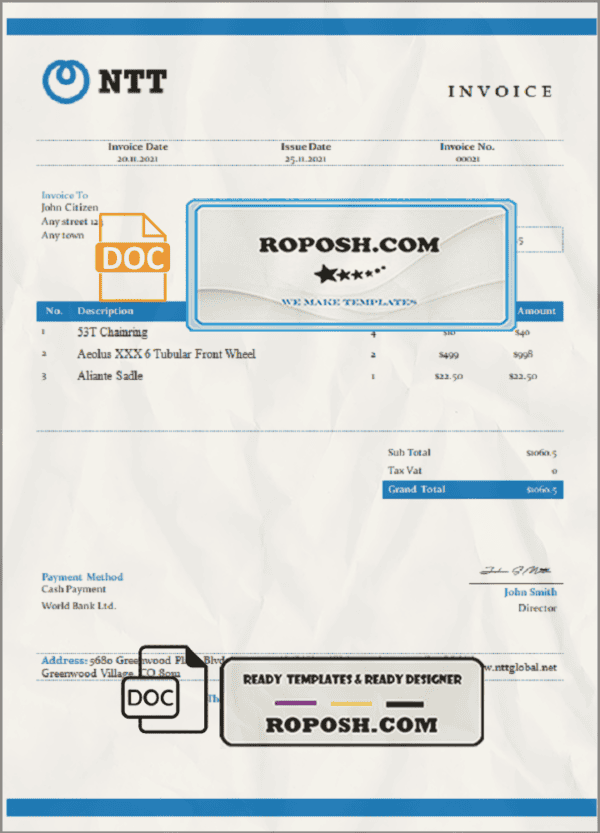 USA NTT invoice template in Word and PDF format, fully editable