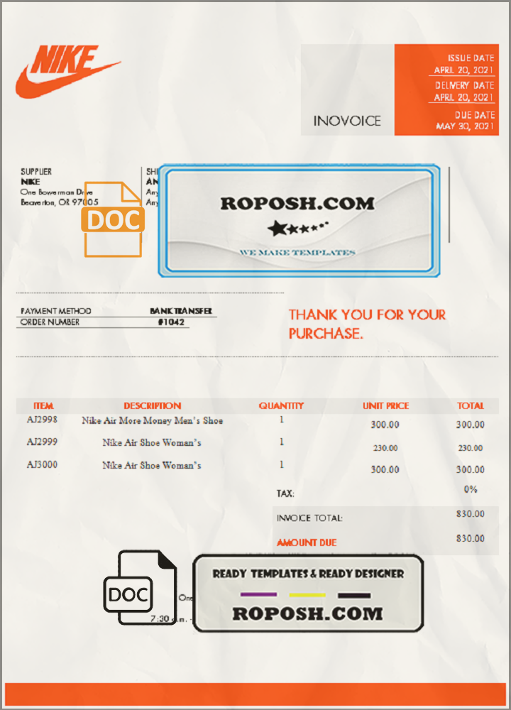 USA Nike invoice template in Word and PDF format, fully editable scan effect