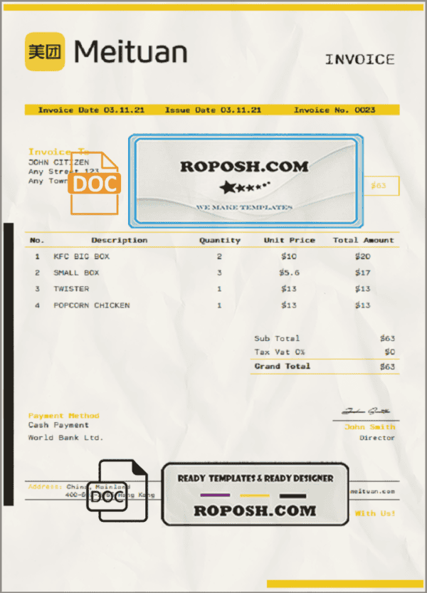 USA Meituan invoice template in Word and PDF format, fully editable