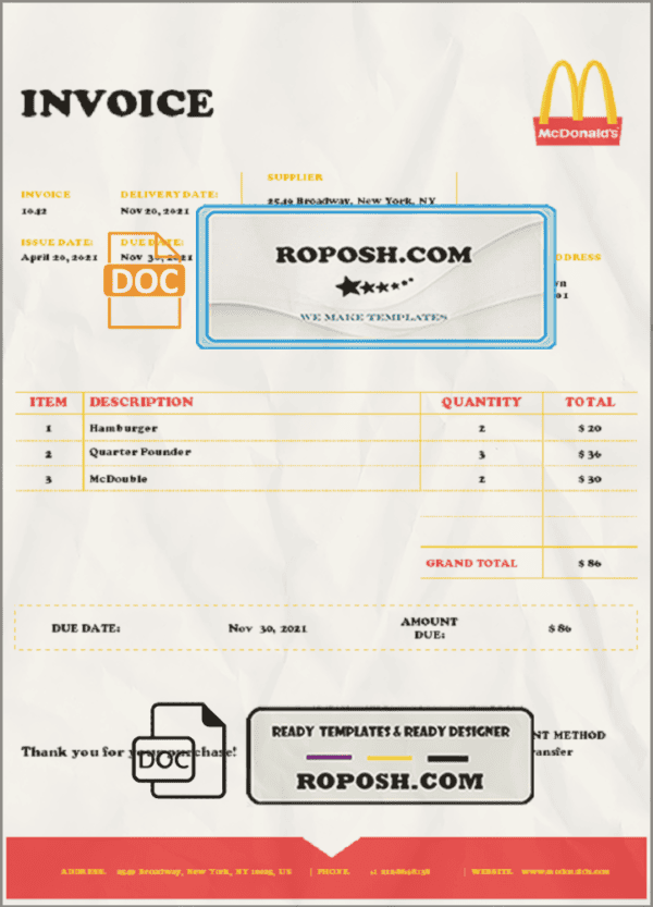 USA Mcdonald’s invoice template in Word and PDF format, fully editable
