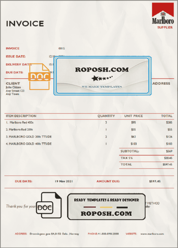 USA Marlboro invoice template in Word and PDF format, fully editable