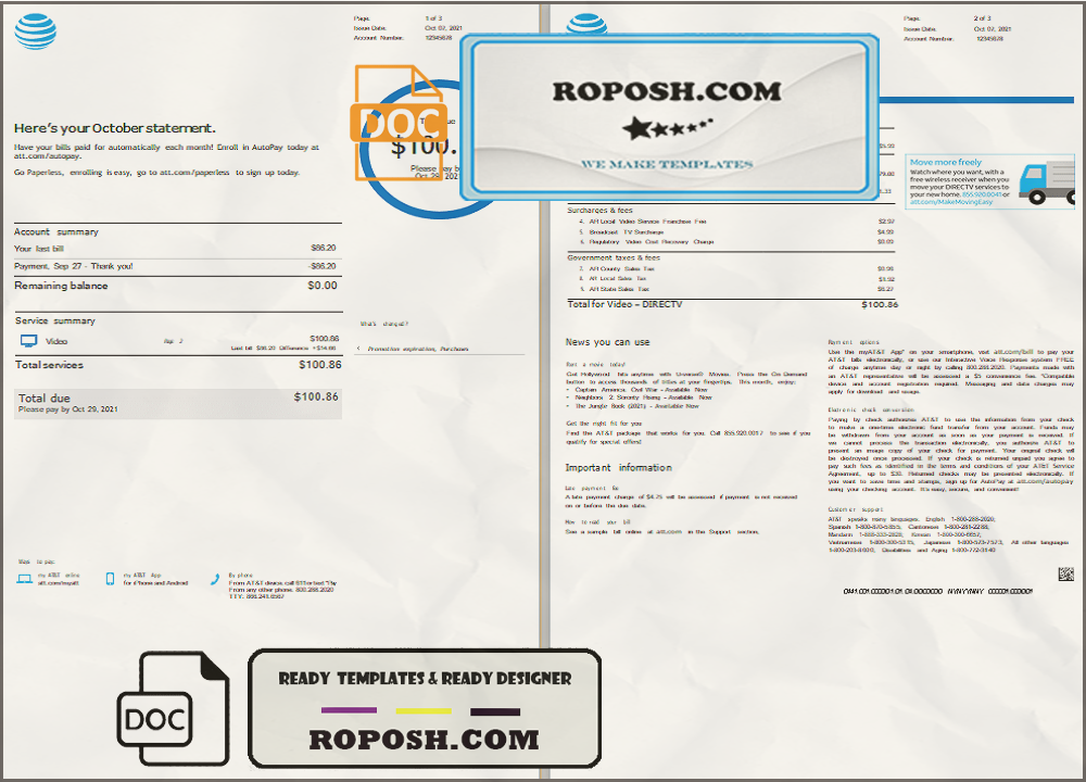 USA AT&T invoice template in Word and PDF format, fully editable, 3 pages scan effect