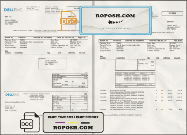 USA Dell Technologies invoice template in Word and PDF format, fully editable