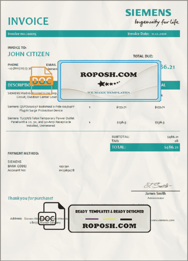 USA Siemens invoice template in Word and PDF format, fully editable