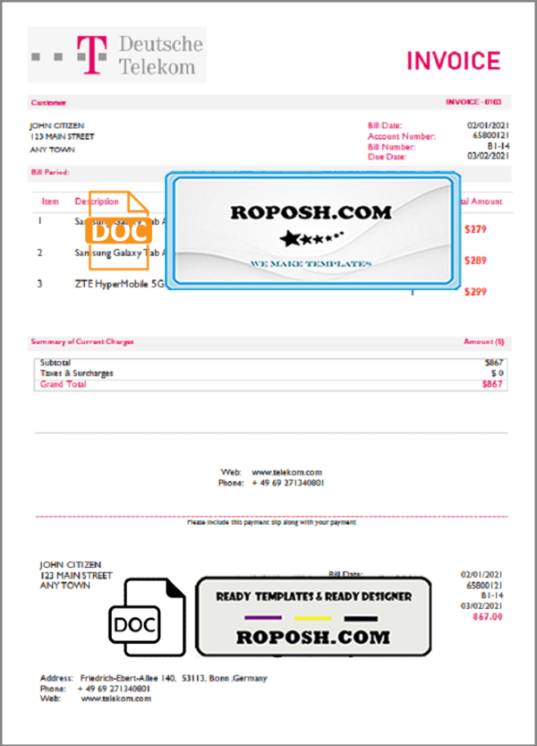 USA Deutsche Telecom invoice template in Word and PDF format, fully editable
