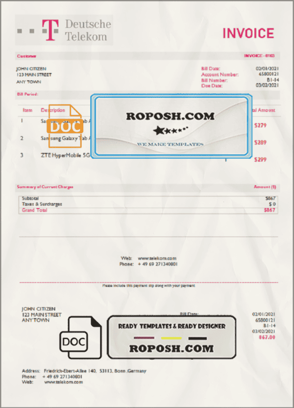 USA Deutsche Telecom invoice template in Word and PDF format, fully editable