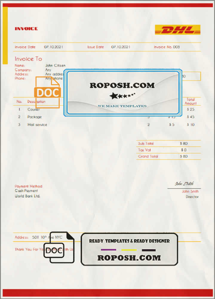 USA DHL invoice template in Word and PDF format, fully editable scan effect