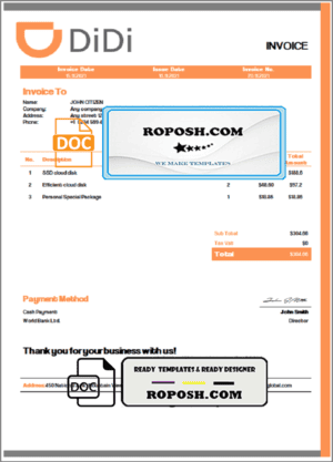 USA Didi Chuxing invoice template in Word and PDF format, fully editable