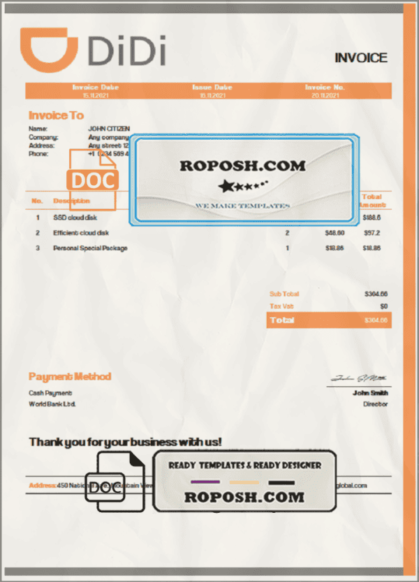 USA Didi Chuxing invoice template in Word and PDF format, fully editable