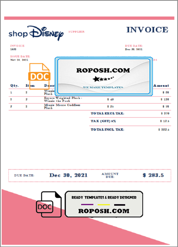 USA Disney invoice template in Word and PDF format, fully editable