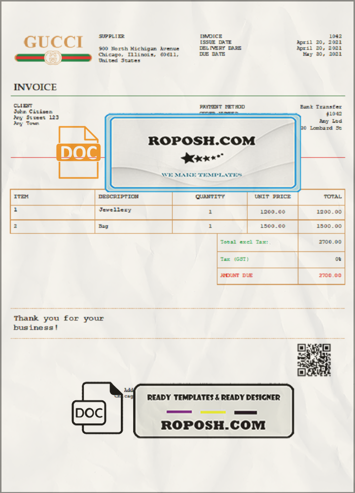 USA Gucci invoice template in Word and PDF format, fully editable scan effect