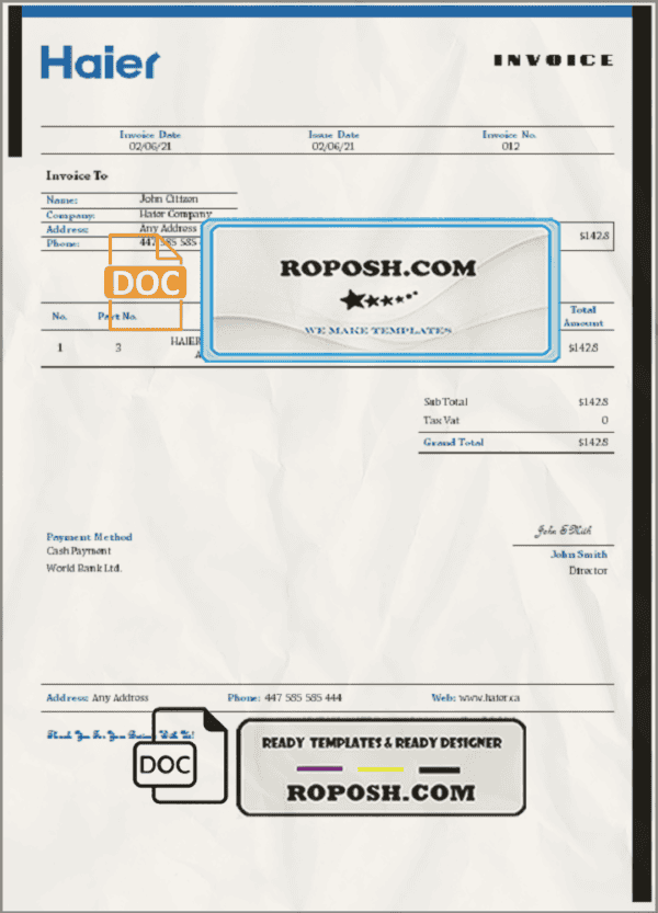 USA Haier invoice template in Word and PDF format, fully editable