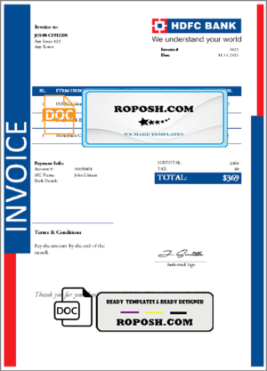 USA HDFC invoice template in Word and PDF format, fully editable