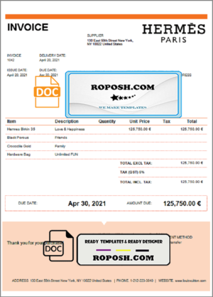 USA Hermes invoice template in Word and PDF format, fully editable