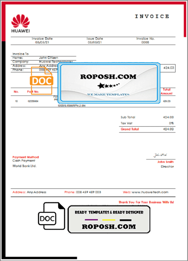 USA Huawei invoice template in Word and PDF format, fully editable