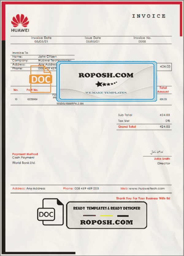 USA Huawei invoice template in Word and PDF format, fully editable
