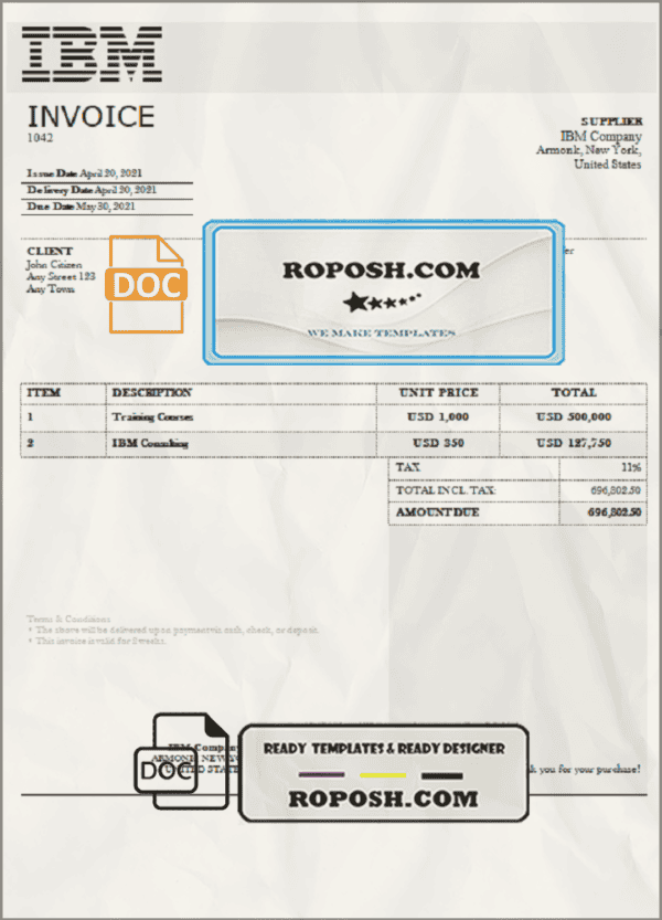 USA IBM invoice template in Word and PDF format, fully editable
