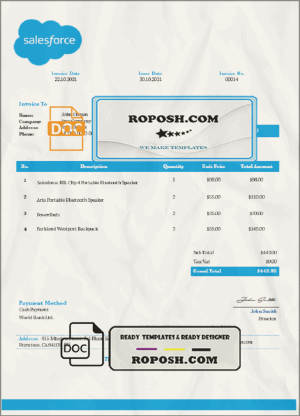 USA Salesforce invoice template in Word and PDF format, fully editable