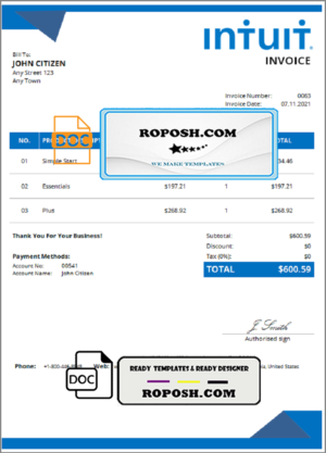 USA Intuit invoice template in Word and PDF format, fully editable