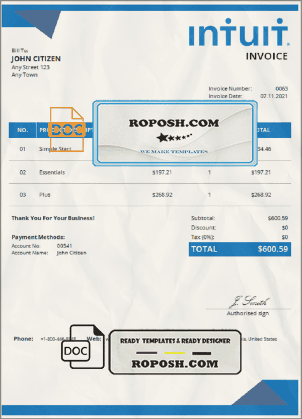 USA Intuit invoice template in Word and PDF format, fully editable