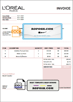 USA L’oreal Paris invoice template in Word and PDF format, fully editable