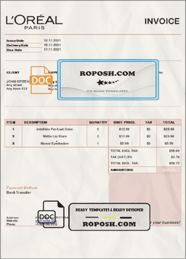 USA L’oreal Paris invoice template in Word and PDF format, fully editable