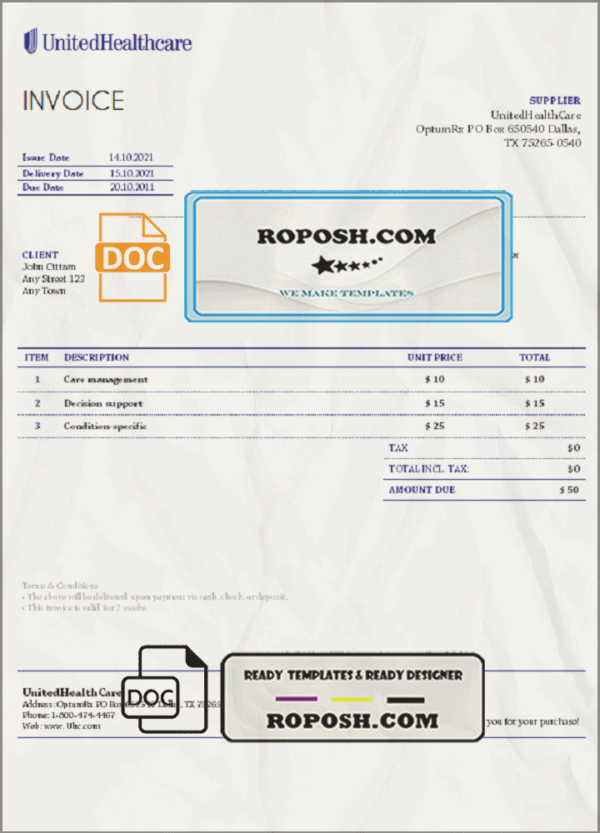 USA UnitedHealthCare invoice template in Word and PDF format, fully editable