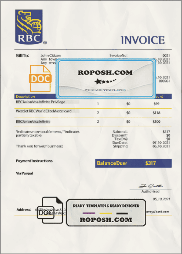 USA RBC invoice template in Word and PDF format, fully editable