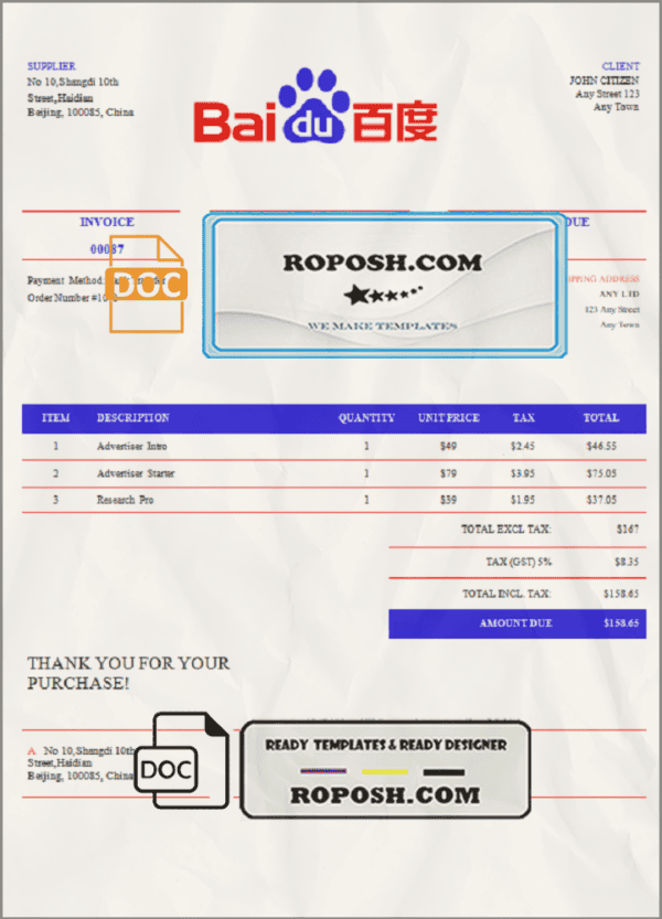 USA Baidu invoice template in Word and PDF format, fully editable