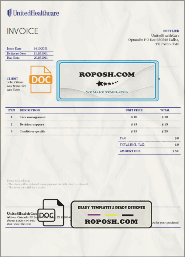 USA United Health Care invoice template in Word and PDF format, fully editable
