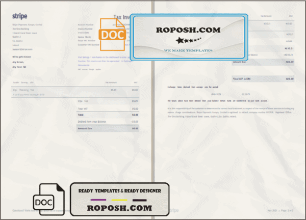 USA Stripe tax invoice template in Word and PDF format, fully editable