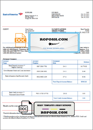 USA Bank of America invoice template in Word and PDF format, fully editable