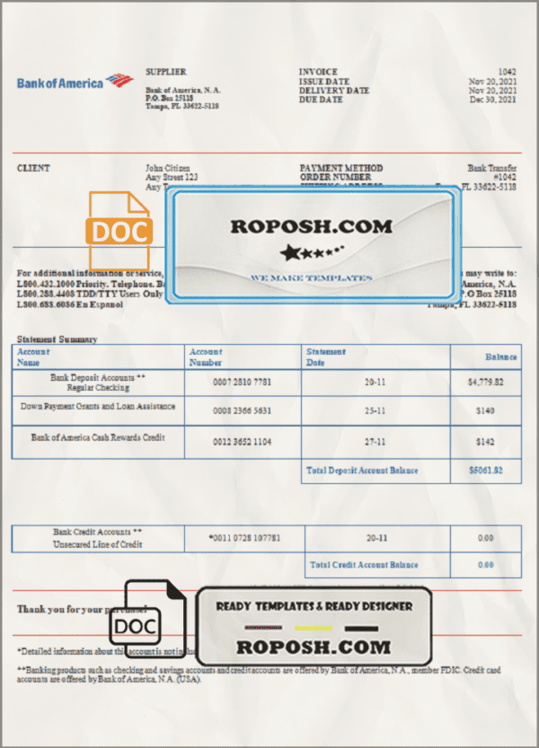 USA Bank of America invoice template in Word and PDF format, fully editable