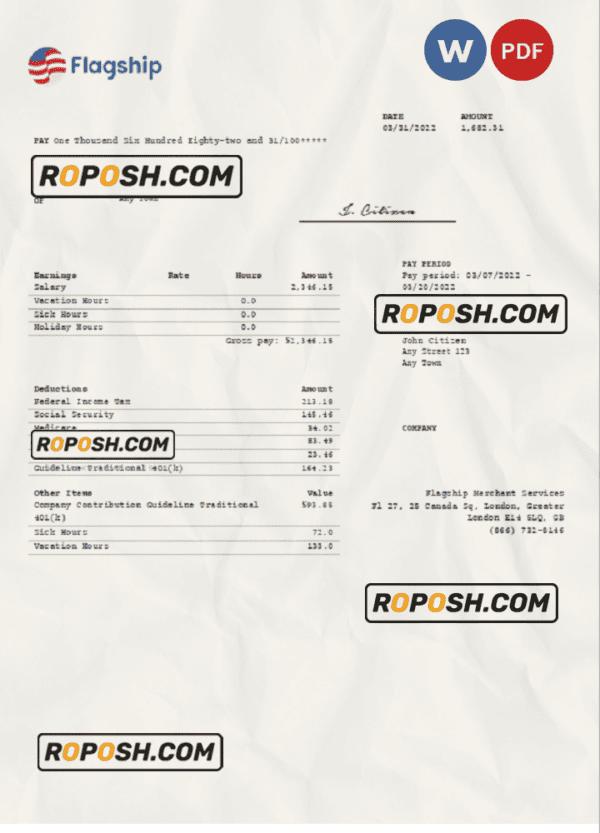 United Kingdom Flagship Merchant Services credit card service company pay stub Word and PDF template