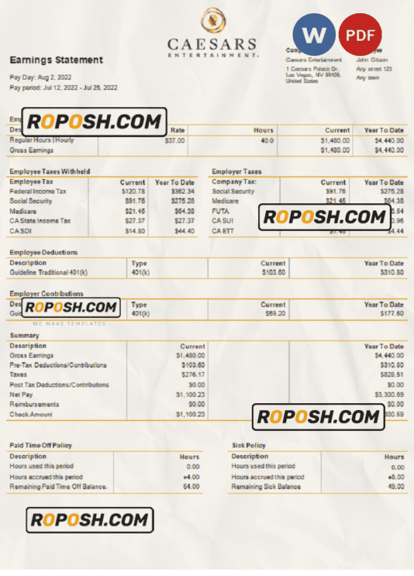 USA Caesars Entertainment casino and resort company pay stub Word and PDF template