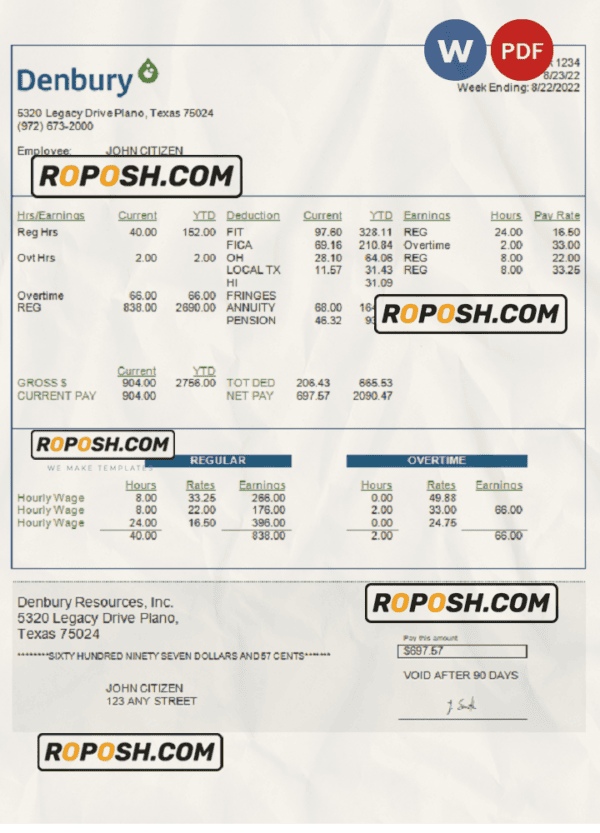 USA Denbury Resources Inc. oil & gas company pay stub Word and PDF template