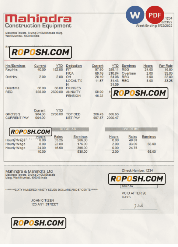 India Mahindra & Mahindra Ltd automotive industry company pay stub Word and PDF template