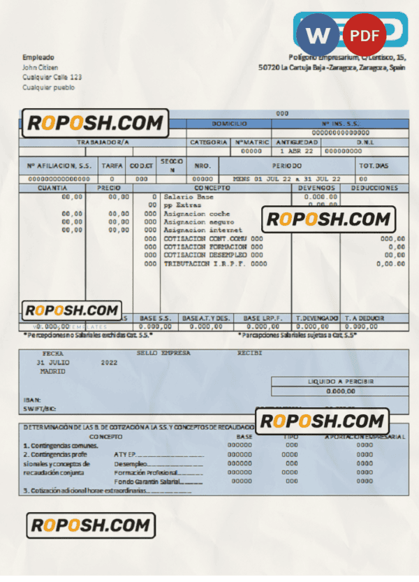 Spain Keld electronic company pay stub Word and PDF template
