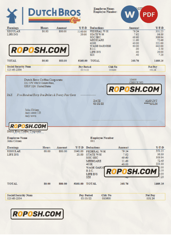USA Dutch Bros Coffee Corporate coffeehouse company pay stub Word and PDF template