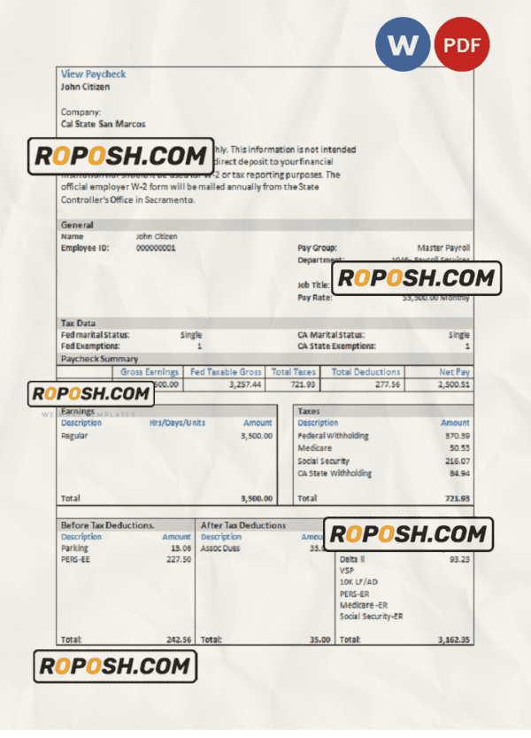 USA Cal State San Marcos payroll services company pay stub Word and PDF template