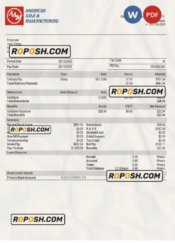 USA American Axle manufacturing company pay stub Word and PDF template
