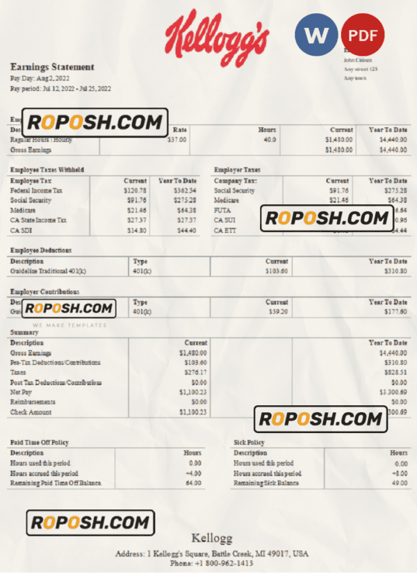 USA Kellog food processing company pay stub Word and PDF template