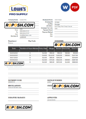 USA Lowe’s Pro Supply wholesale company pay stub Word and PDF template