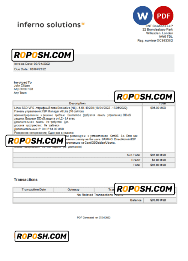 United Kingdom Inferno Solutions invoice Word and PDF template, fully editable