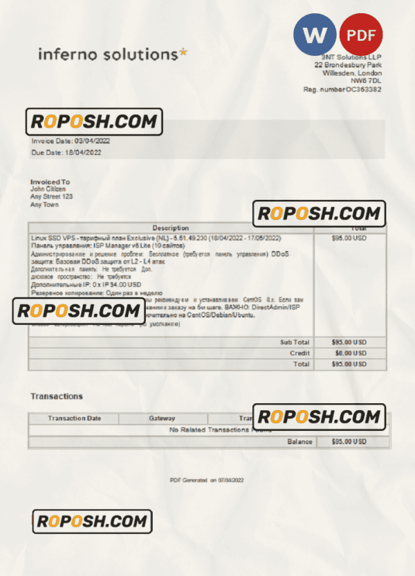 United Kingdom Inferno Solutions invoice Word and PDF template, fully editable